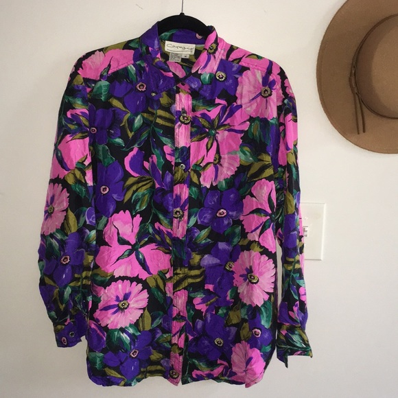 Vintage Colorful Silk Floral Button Down Long Sleeve Size Medium - Picture 3 of 8